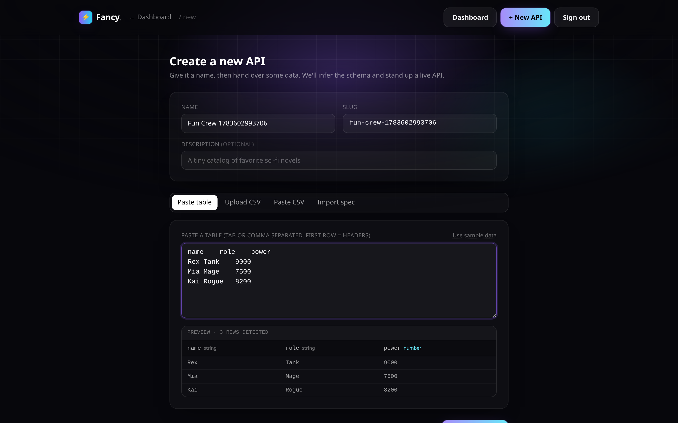 The new-API form with a pasted table ready to submit