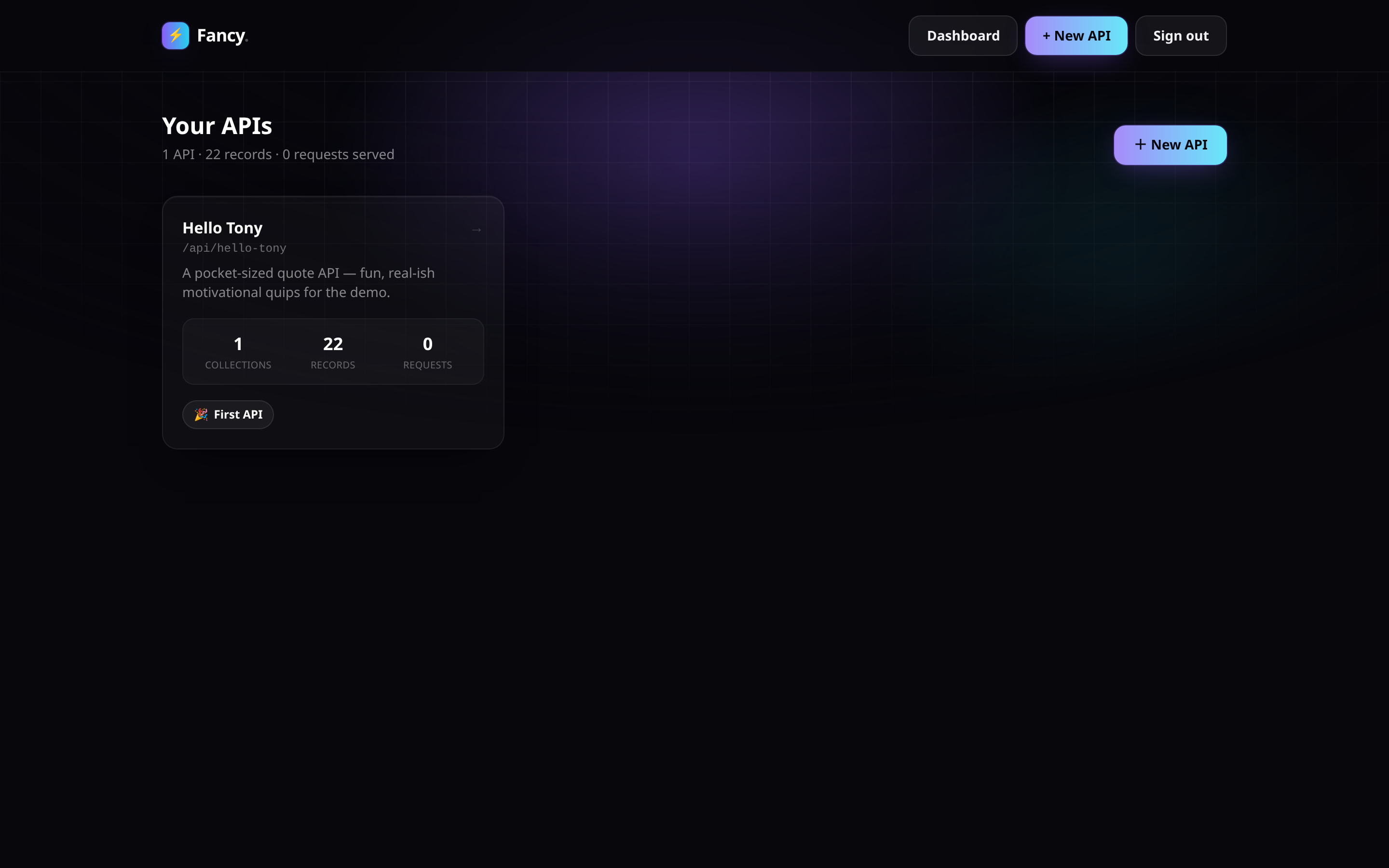 Fancy admin dashboard listing APIs with record and request counters