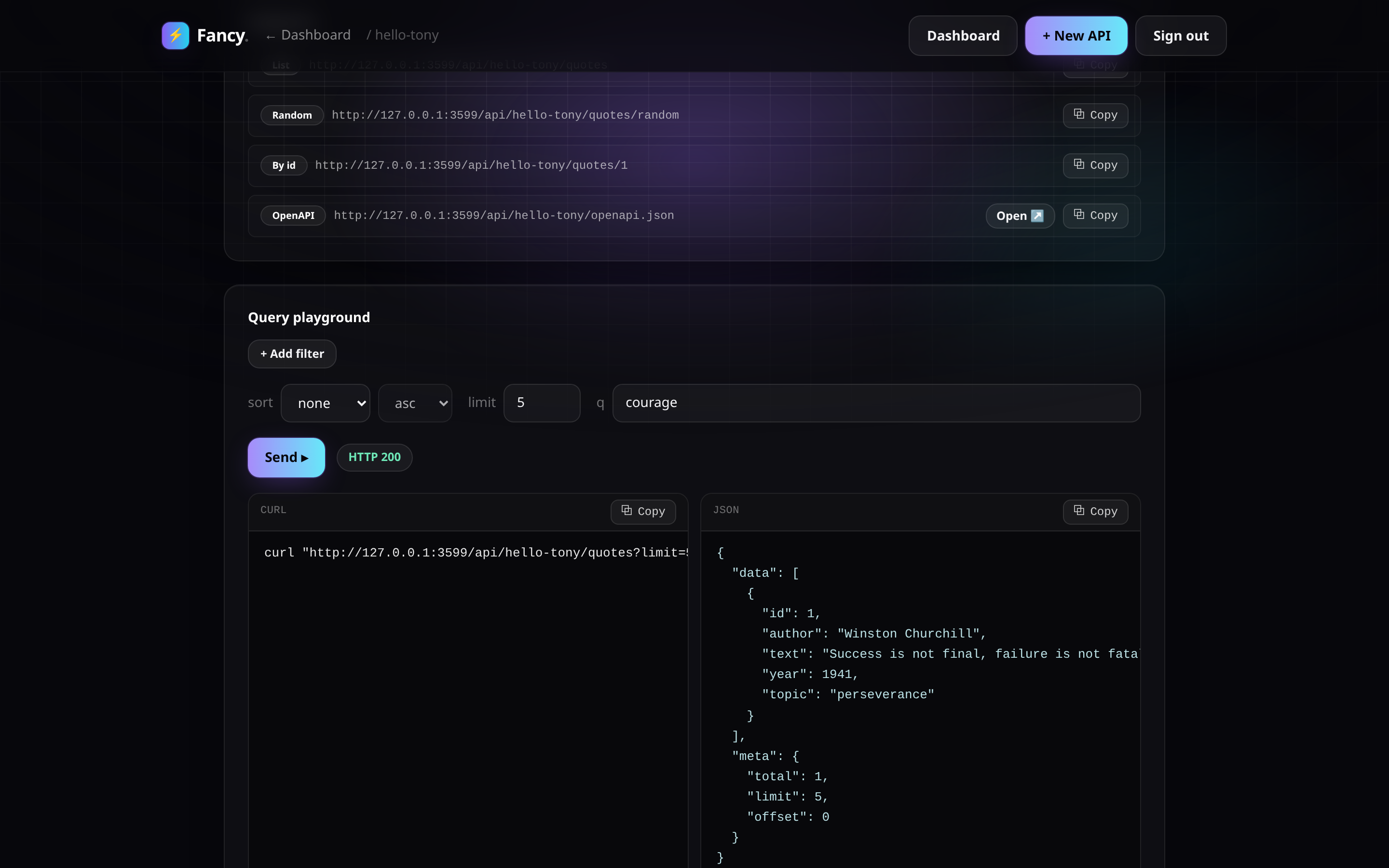 The query playground building a filtered request and showing the JSON response