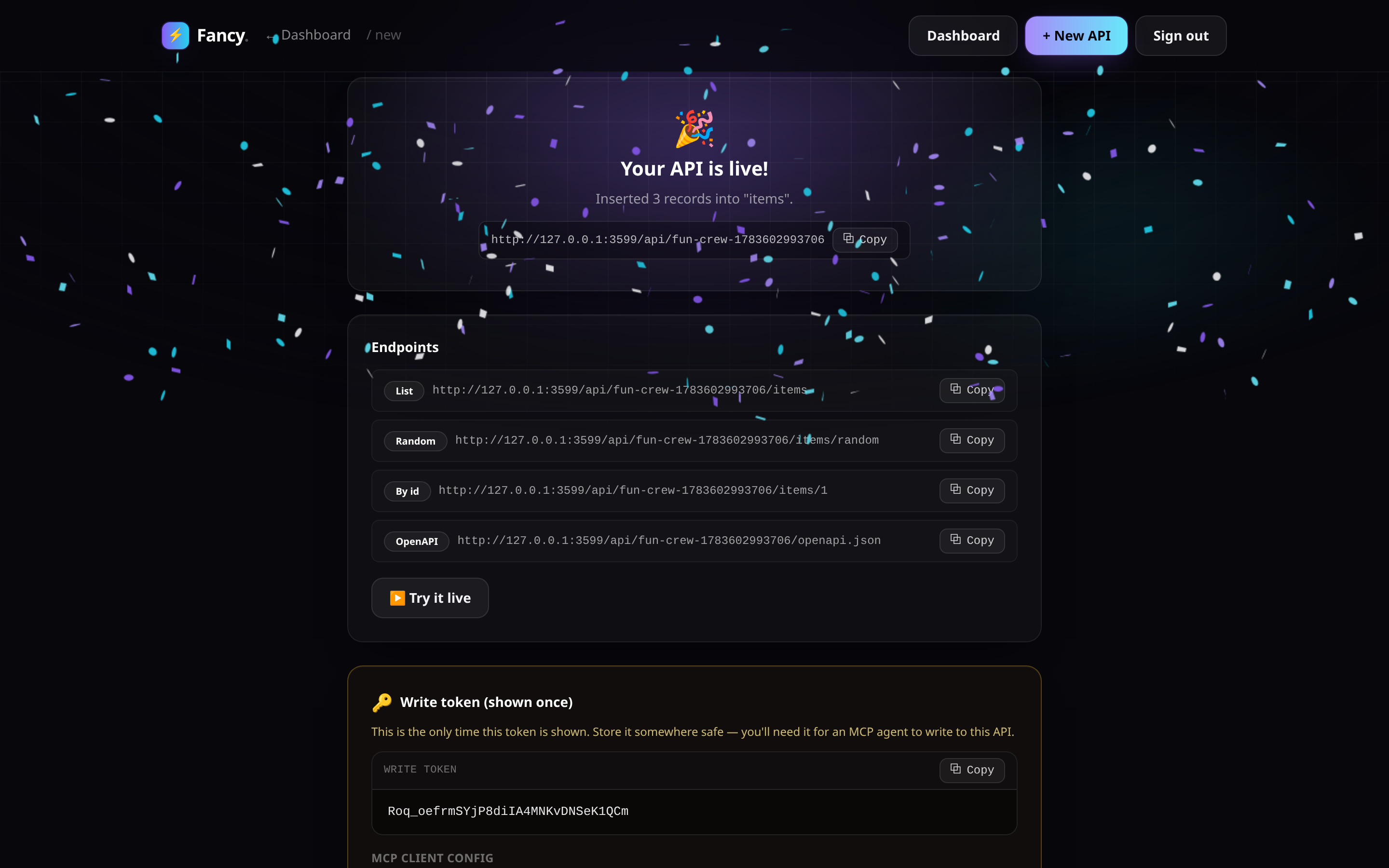 Success panel showing a freshly generated API's live endpoints
